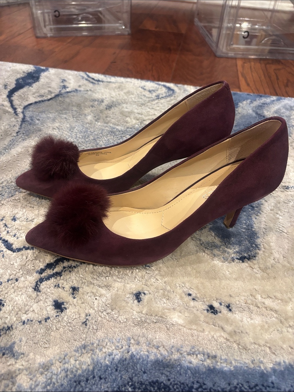 Charles by Charles David Burgundy Suede Pom Pom Kitten Heel Pumps - Picture 3 of 5
